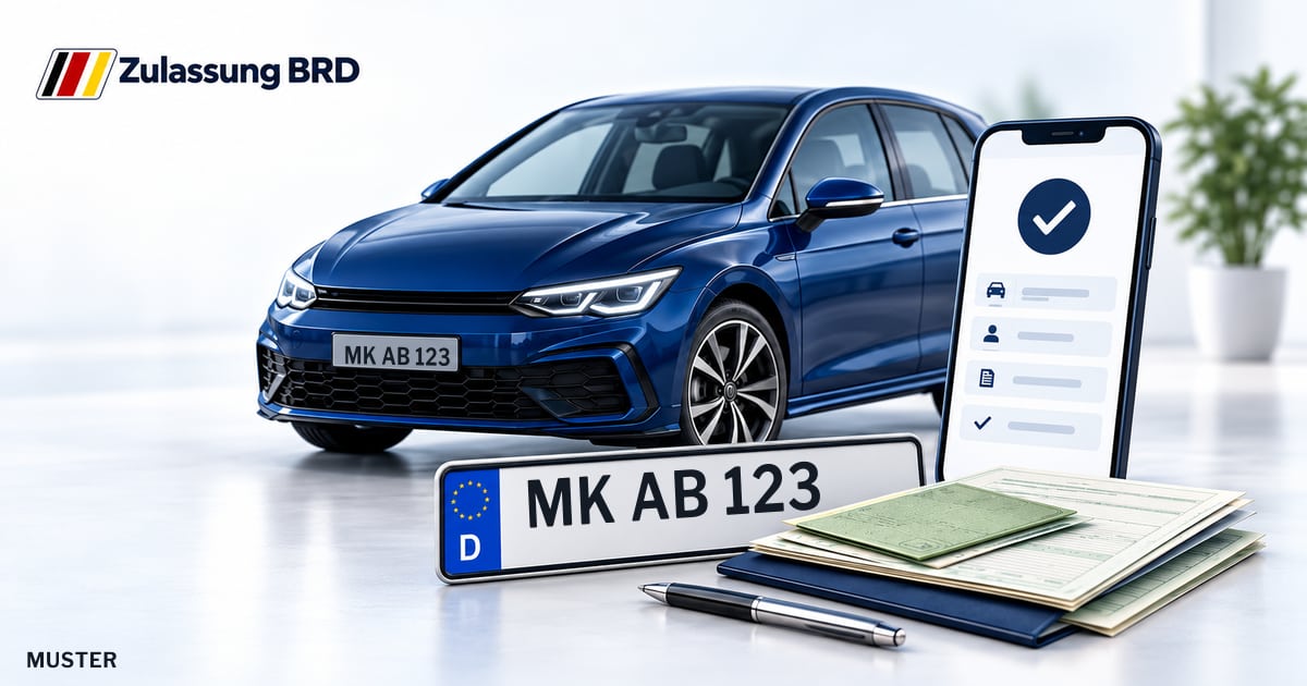 Online Fahrzeugzulassung in Neuenrade: Musterkennzeichen MK AB 123, Auto und Fahrzeugpapiere und Smartphone. Illustration mit Logo von Zulassung BRD.